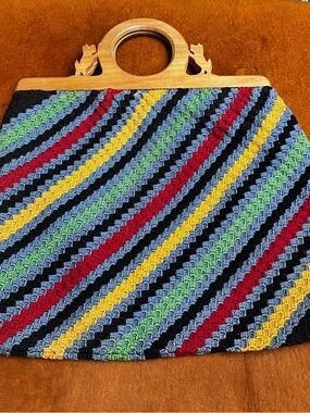 Vtg 60s MCM Scottie Dog Wooden Handle Crochet Handbag | Multi-Color Chevron